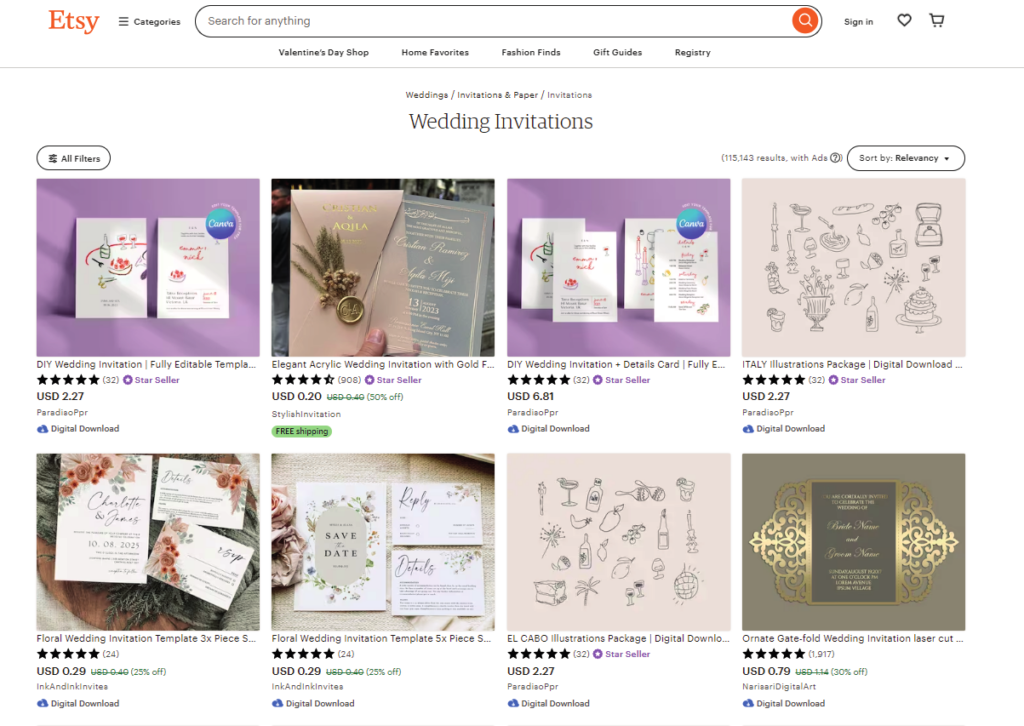Etsy wedding invitations product listing page